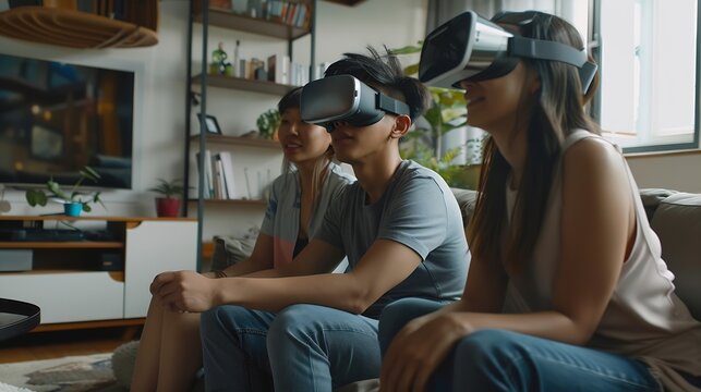 Young asian man and two young biracial women enjoy virtual reality at home they are immersed in a vr experience in a modern living room setting : Generative AI