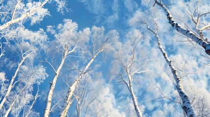 Snowy white trees from below against blue sky, winter panoramic background with copy-space. 
