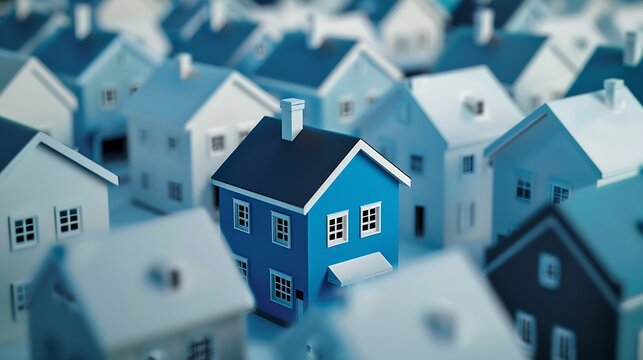 Blue house in among white houses for real estate property industry : Generative AI