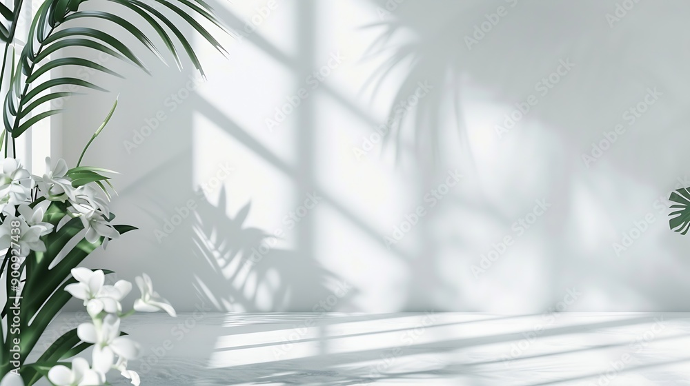 Poster Abstract white studio background for product presentation Empty room with shadows of window and flowers and palm leaves  3d room with copy space Summer concert Blurred backdrop : Generative AI