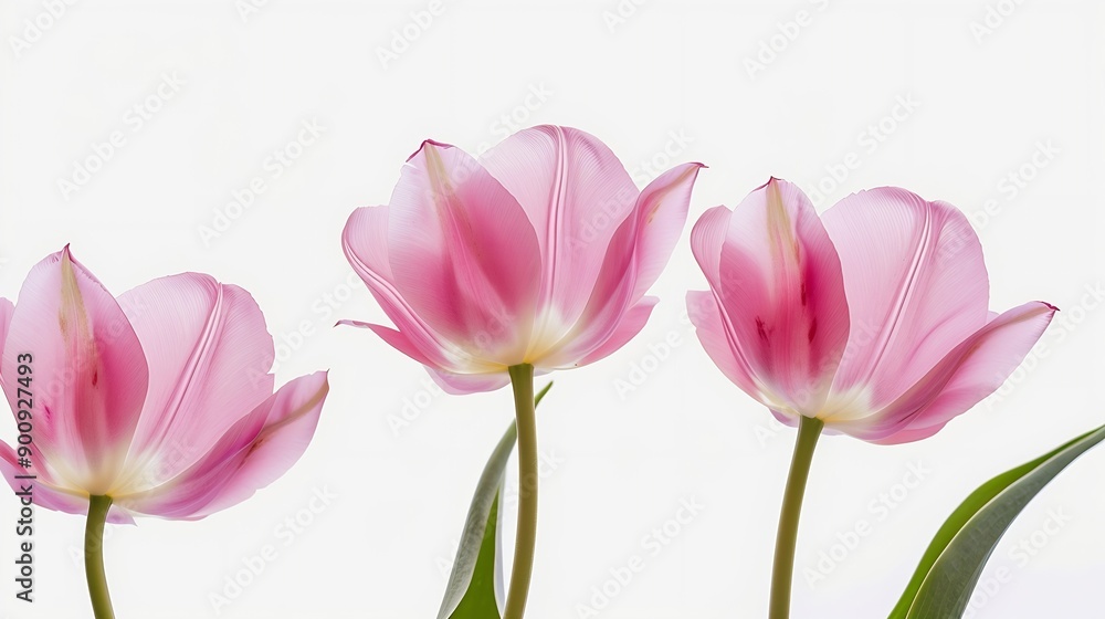Poster pink tulips flowers on a white isolated background with clipping path flowers on a stem closeup natu