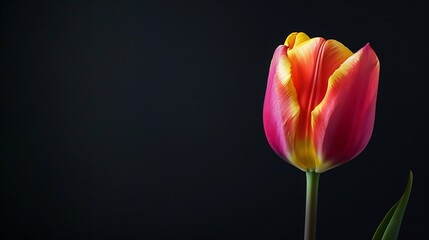 Beautiful blooming multicolor tulip with stem isolated on black background pollen red pink orange yellow colors Closeup studio photography : Generative AI