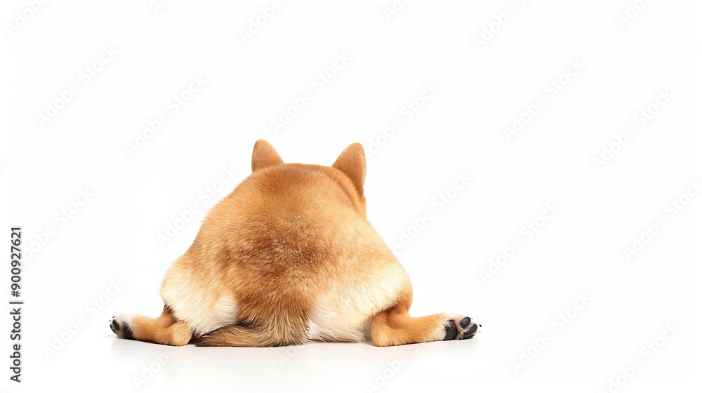 Poster back view of beautiful shiba inu puppy lying on floor isolated over white studio background pet look