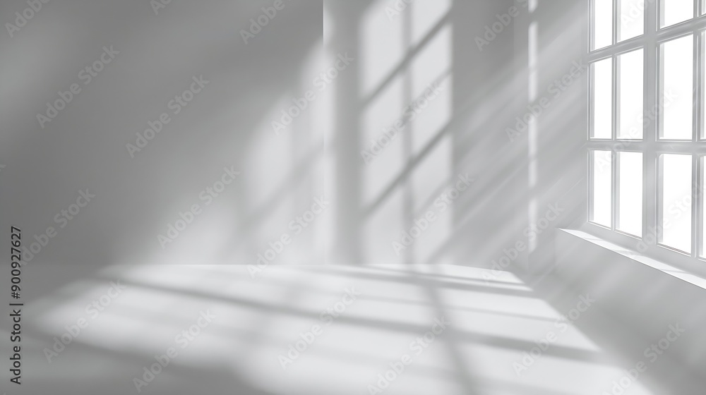 Poster Abstract white 3d studio background for product presentation Empty gray room with shadows of window Display product with blurred backdrop Banner : Generative AI