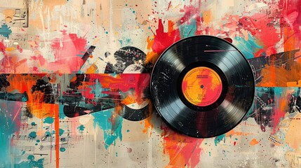 Vinyl Record on Colorful Abstract Background with Musical Notes