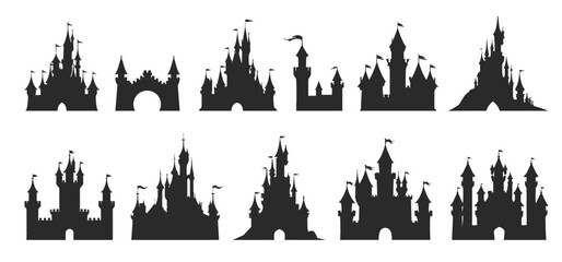 Medieval and fairytail castle silhouettes set. Plain black towers bridges and passages. Font view. Medieval fortresses and strongholds. Storybooks design element. Isolated vector clipart collection