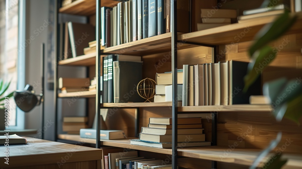 Poster shelf unit with books and stylish workplace in home library : generative ai