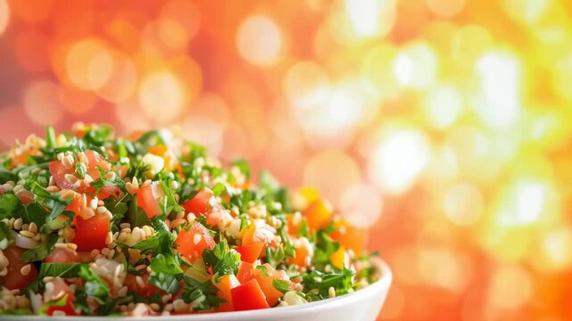 A vibrant tabbouleh salad featuring chopped tomatoes, fresh parsley, and bulgur. The dish is illuminated against a warm, bokeh background, emphasizing its fresh ingredients and appealing presentation.
