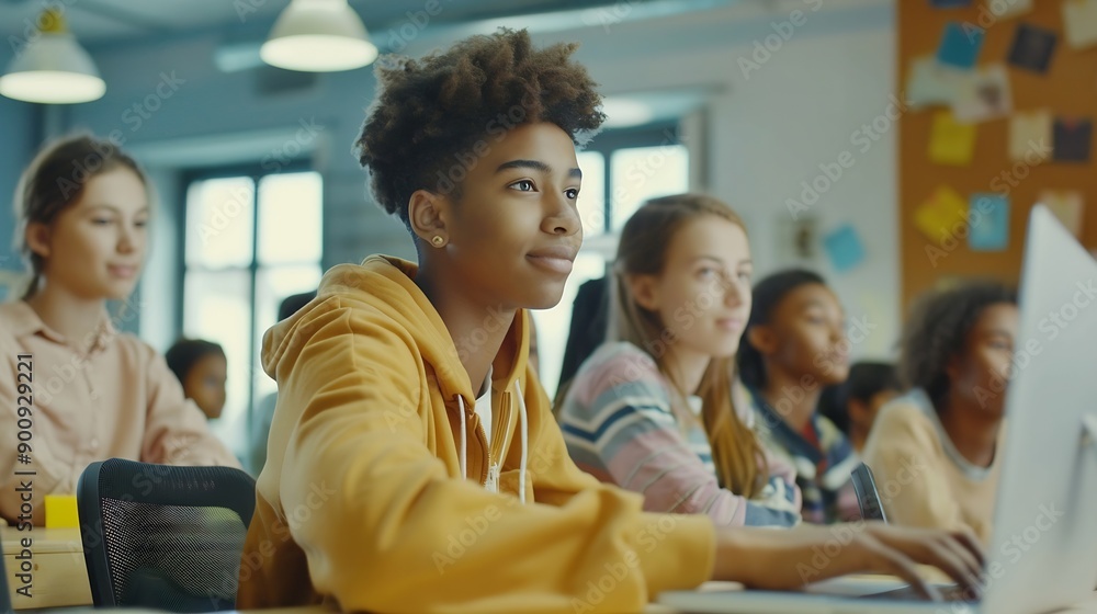 Poster teacher giving lesson to diverse multiethnic group of female and male students in college room learn