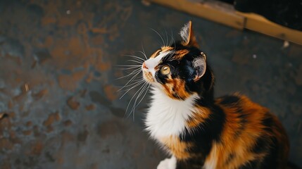 Isolated cat looking up while sitting High angle view of cute calico kitty with curious or intense body language waiting for food or watching bird Long hair cat calico or torbie Select : Generative AI