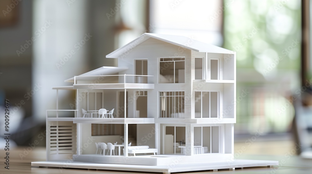 Poster Two floors model of the family house printed on a 3D printer with white filament by FDM technology for architectural use : Generative AI