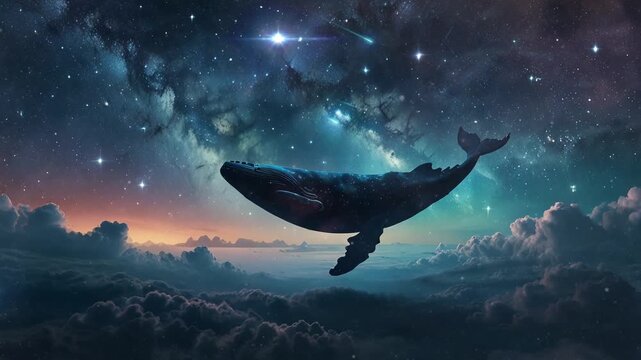 whales swimming above the clouds full of stars at night. Virtual 4K video animation background with looping time lapse with very smooth graphics.
