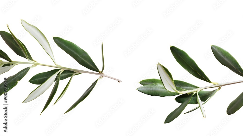 Poster two fresh olive branches with leaves isolated on white background closeup : generative ai