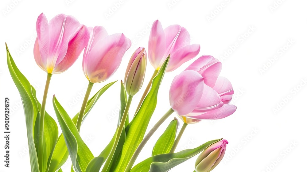 Poster pink tulips flowers on a white isolated background with clipping path flowers on a stem closeup natu