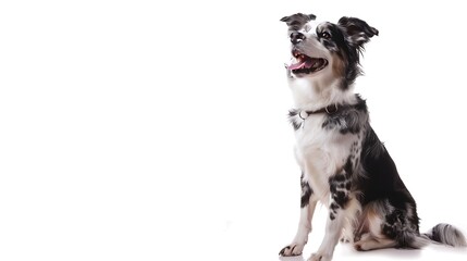 Obraz premium Cheerful Sitting American Shepherd panting and looking away isolated on white : Generative AI