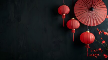 Lanternes chinoises, ombrelle japonaise rouge sur fond panoramique noir, bannière web ou header asiatique zen. 