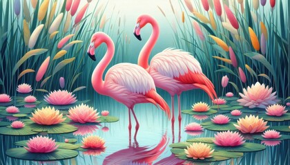two flamingos on the water surface with flower surrounded