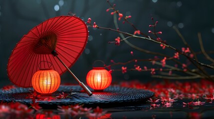 Lanternes chinoises, ombrelle japonaise rouge sur fond panoramique noir, bannière web ou header asiatique zen. 