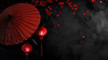 Lanternes chinoises, ombrelle japonaise rouge sur fond panoramique noir, bannière web ou header asiatique zen. 
