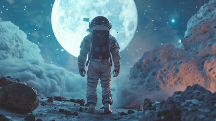 Fototapeta premium Attractive View of astronaut in spacesuit snowboarding on the moon