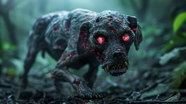 Eerie and haunting creature, a zombie-like dog with glowing eyes, set in a foggy, mysterious forest environment.