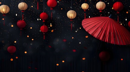 Lanternes chinoises, ombrelle japonaise rouge sur fond panoramique noir, bannière web ou header asiatique zen. 
