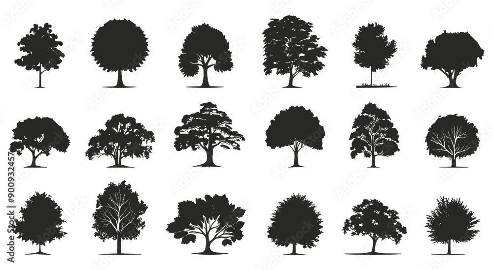 Sticker trees black silhouettes set. crowns and trunks. deciduous trees. oak birch alder maple. side view. l