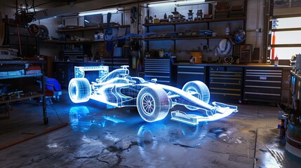 A holographic rendering of a race car is displayed on the floor of a modern garage workshop. The car appears to be suspended in mid-air, surrounded by blue light. copy space.