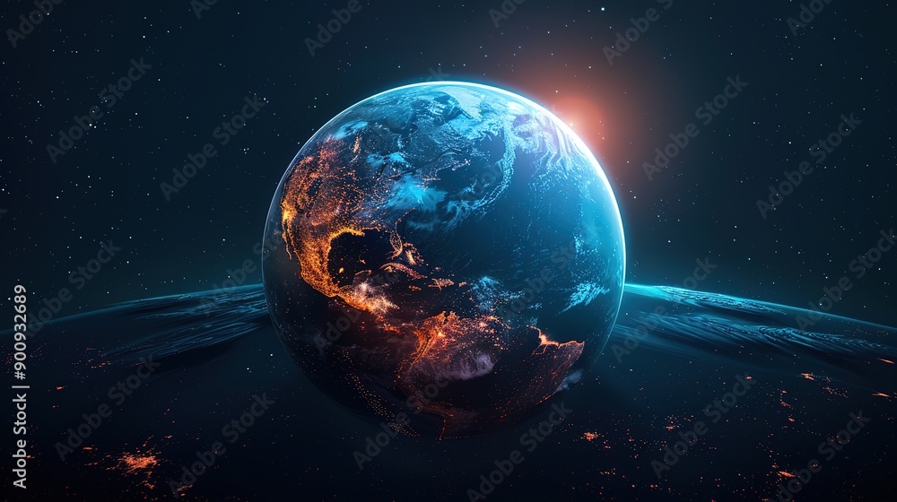 Poster amazing a cityscape with a sphere in the foreground and a city in the background