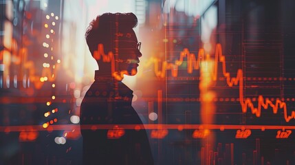 A man is standing in front of a screen with a lot of numbers and graphs