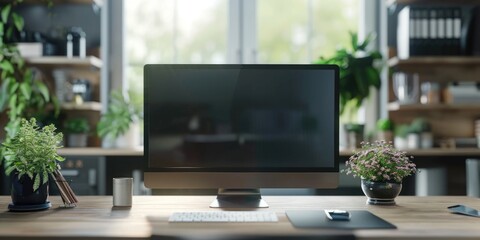A computer monitor sitting on a wooden desk