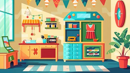 Playful and Colorful Kitchen Interior with Retro Appliances and Bunting