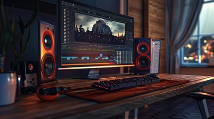 Video editing software or program opened on a wide pc computer monitor screen display placed along the keyboard and speakers on a wooden table or desk in a home room.