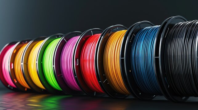 Row of colorful 3d printing filament PLA material on environmentally friendly and recyclable paper cardboard spools black carbon fiber background.