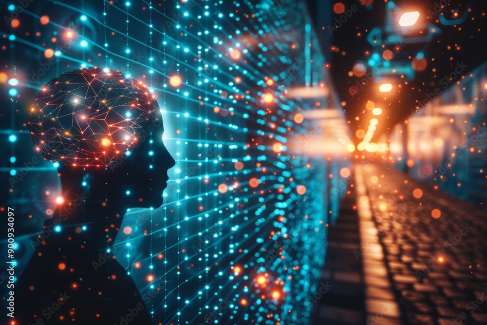 Poster digital profile of a head with glowing neural connections symbolizing cognitive processes and techno