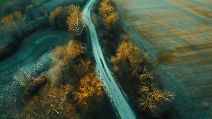 Aerial image of a rural countryside road, highlighting the peaceful and serene environment. Generative AI.