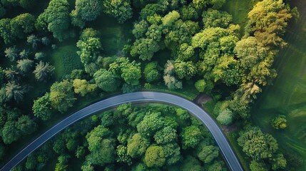 Aerial image of a rural countryside road, highlighting the peaceful and serene environment. Generative AI.