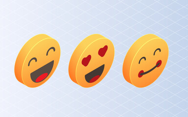 Isometric emoticon smile. Set of yellow emoji on white background