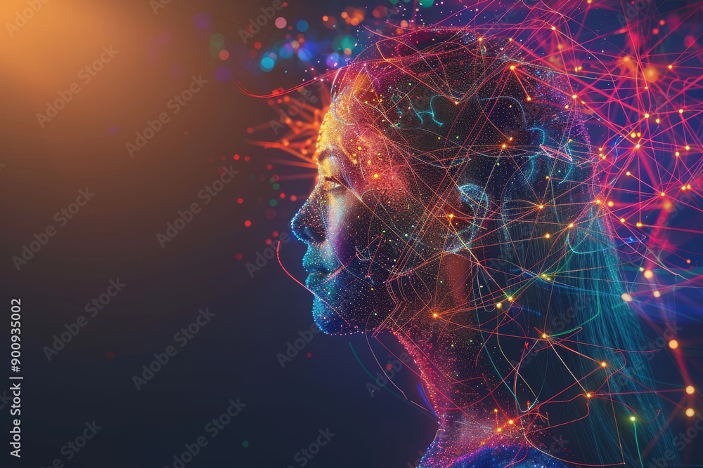 Poster digital rendering of a head with glowing neural connections symbolizing cognitive processes and tech