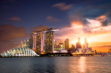 Singapore city, sunset and sunrise Downtown of Singapore is office buildings and business bank...