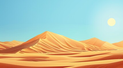 A vast desert landscape with rolling sand dunes under a clear blue sky and a bright sun