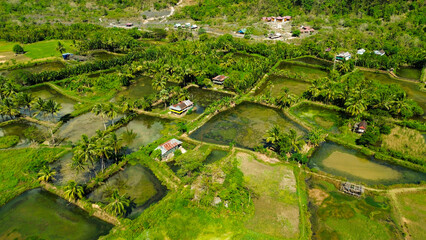 View from the air, Rammang-rammang tourist village with karst mountains and green trees