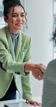 Business, woman and handshake for hiring in meeting with welcome, onboarding and partnership with tablet. Happy HR, employer and shaking hands in office for thank you, agreement and interview success