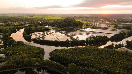 View from the air, Rammang-rammang tourist village with karst mountains at sunset