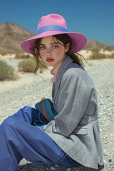 Woman in Pink Hat and Blue Jeans Sitting on Desert Road