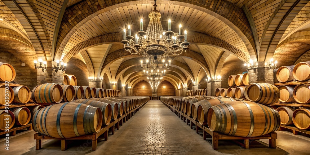 Poster panoramic view of wine cellar with rows of oak barrels and elegant chandeliers generative by ai, win
