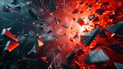 A computer generated image of a red explosion with many pieces of debris