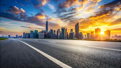 Empty Road Leading to City Skyline at Sunset.