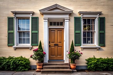 Obraz premium Front door of a house with green shutters.