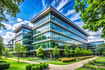 Modern Office Building with Lush Greenery.